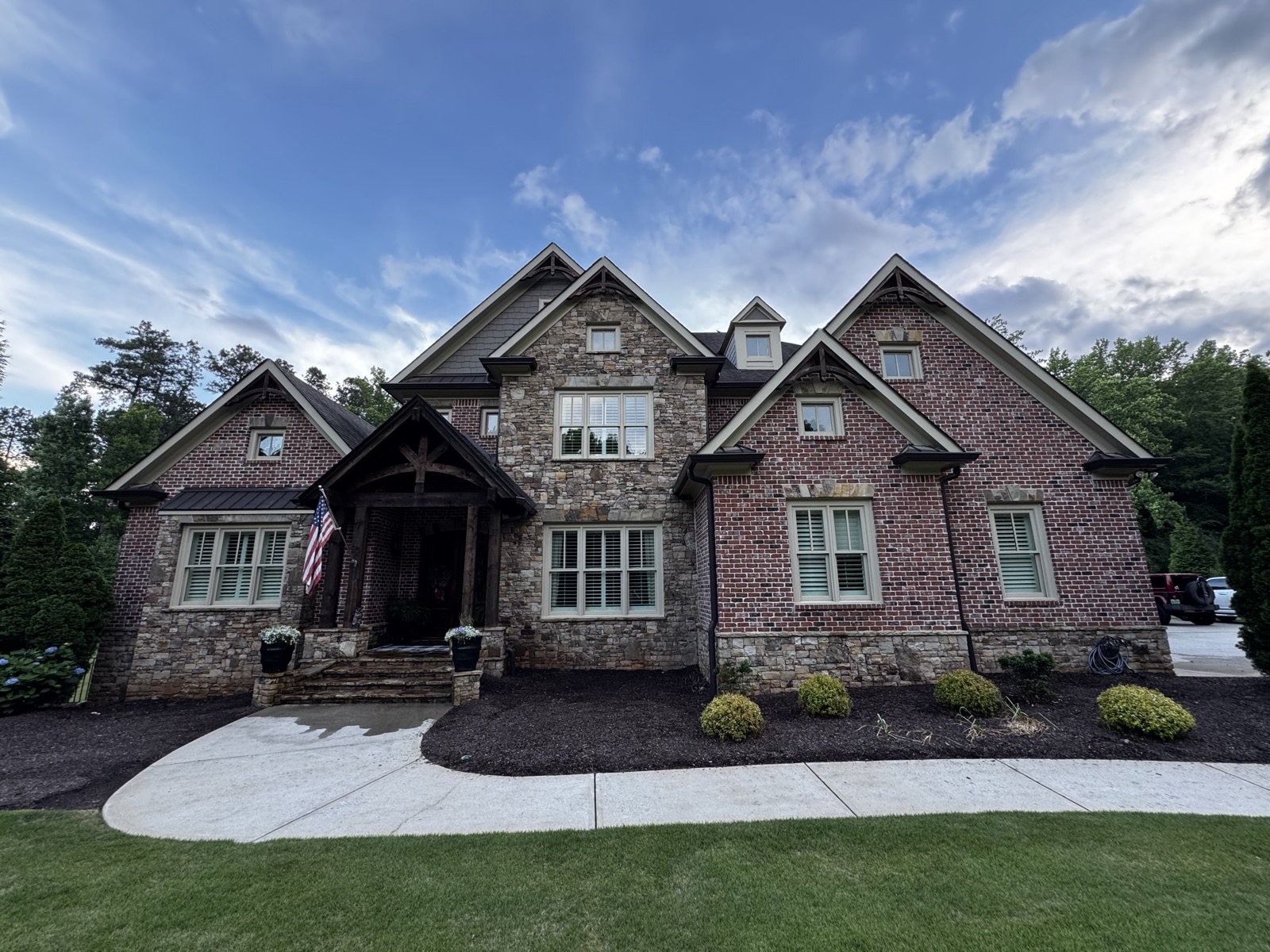 Window cleaning project on a three-story brick and stone home in Buckhead